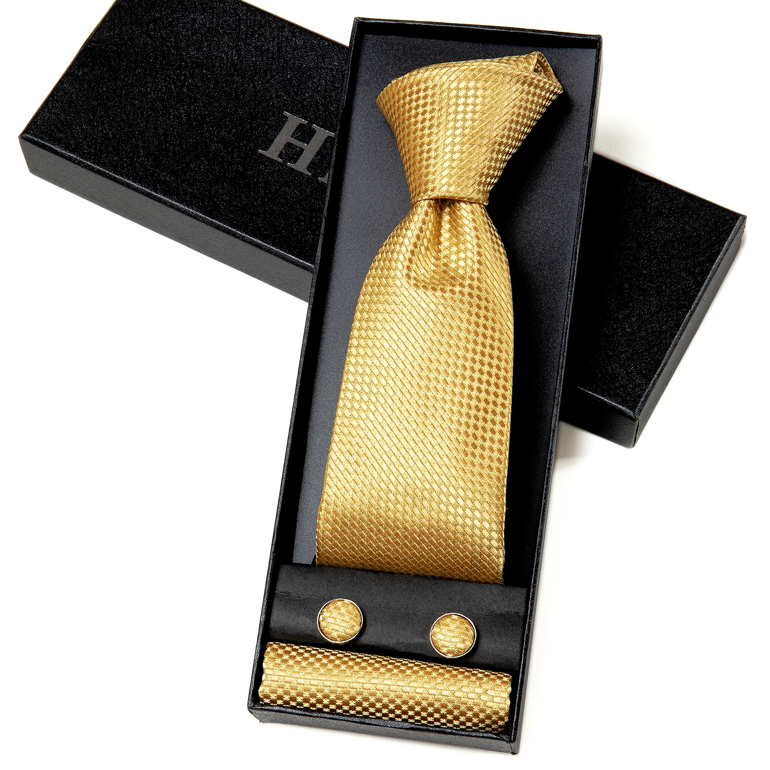 

Hi-tie Gold Plaid Business Gift for Men Necktie for Men Classic Luxury Silk Men's Tie Fashion Hanky Cufflinks Set High Quality