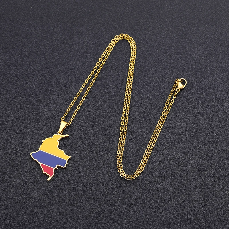 Enamel Stainless Steel Colombian Map Flag Pendant Necklaces Women Girls Silver Color/Gold Color Colombia Ethnic Birthday Jewelry