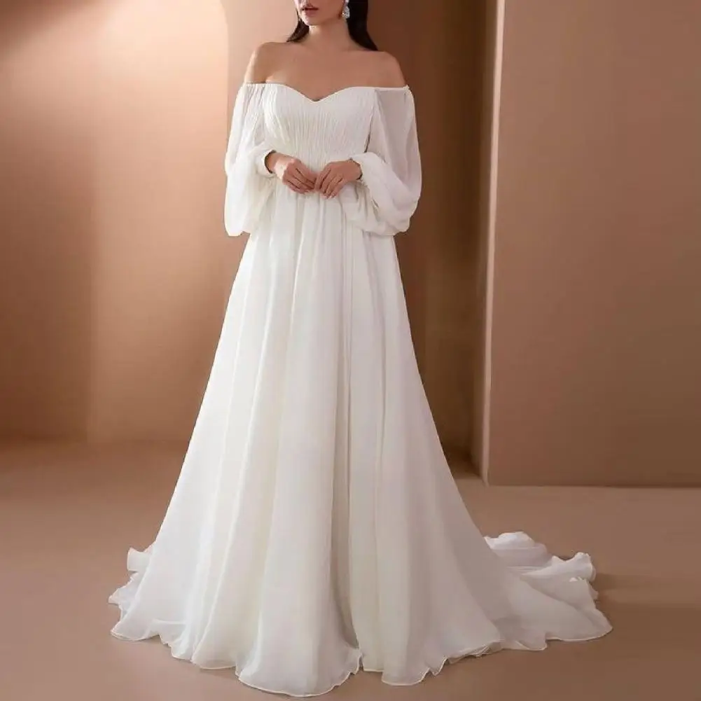 Evening Gown Trendy Off Shoulder White Maxi Dress Backless Floor-Length High Waist Women Banquet Long Dress