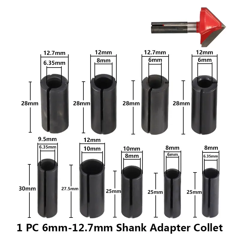 1pc 6mm 6.35mm 8mm 9.5mm 10mm 12mm 12.7mm Shank Adapter Collet CNC Router Tool Holder Milling Chuck Collet