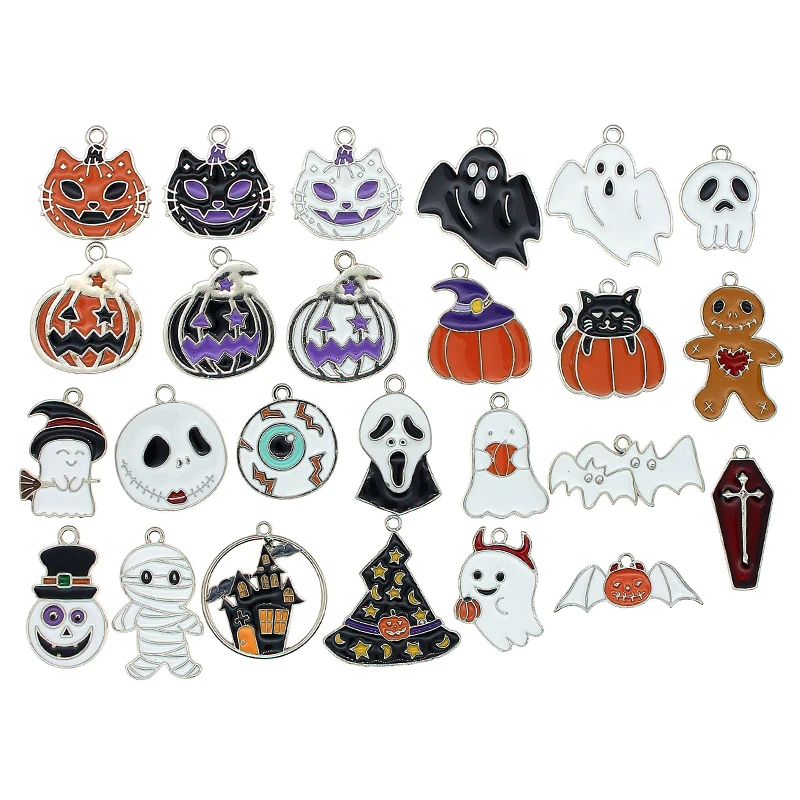 10pcs/lot Silver Color Halloween Charms Enamel Pumpkin Bat Ghost Cat Pendant for Jewelry Making Necklaces Earring DIY Crafts