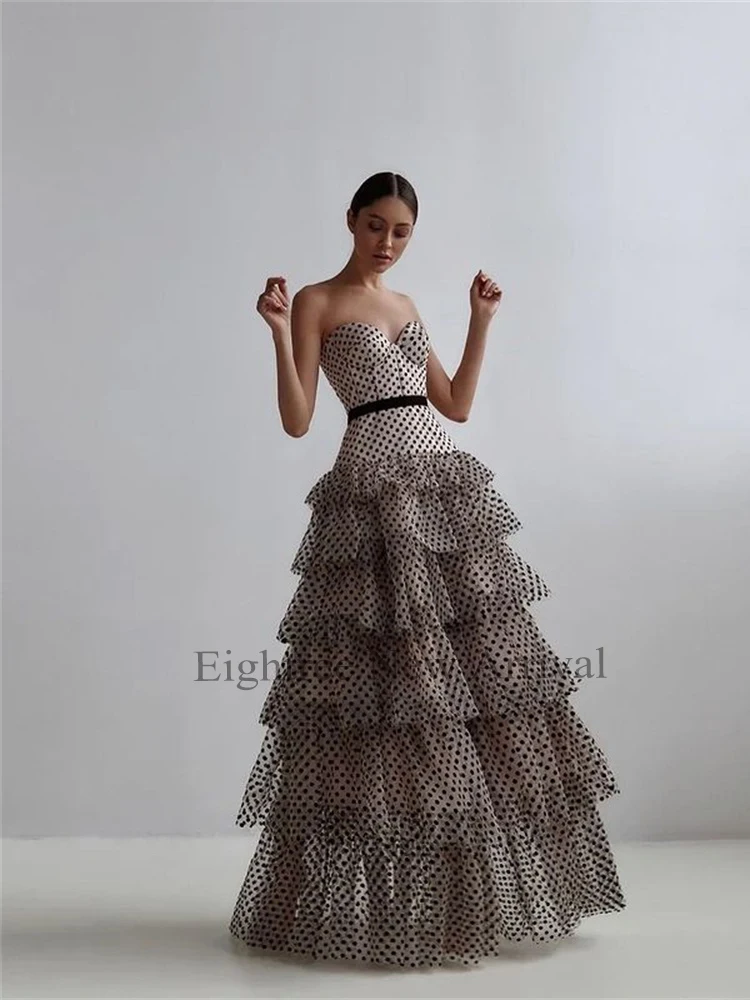 Robe de soirée longue en tulle, couleur Champagne, à pois, à volants, sans manches, tenue de bal