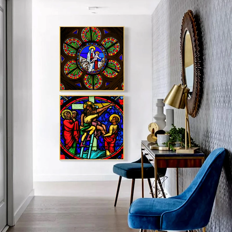 Stained Glass -Madonna with Child ,Window in The Cathedral of Depicting Jesus on Cross Bible Canvas Painting Posters and Prints