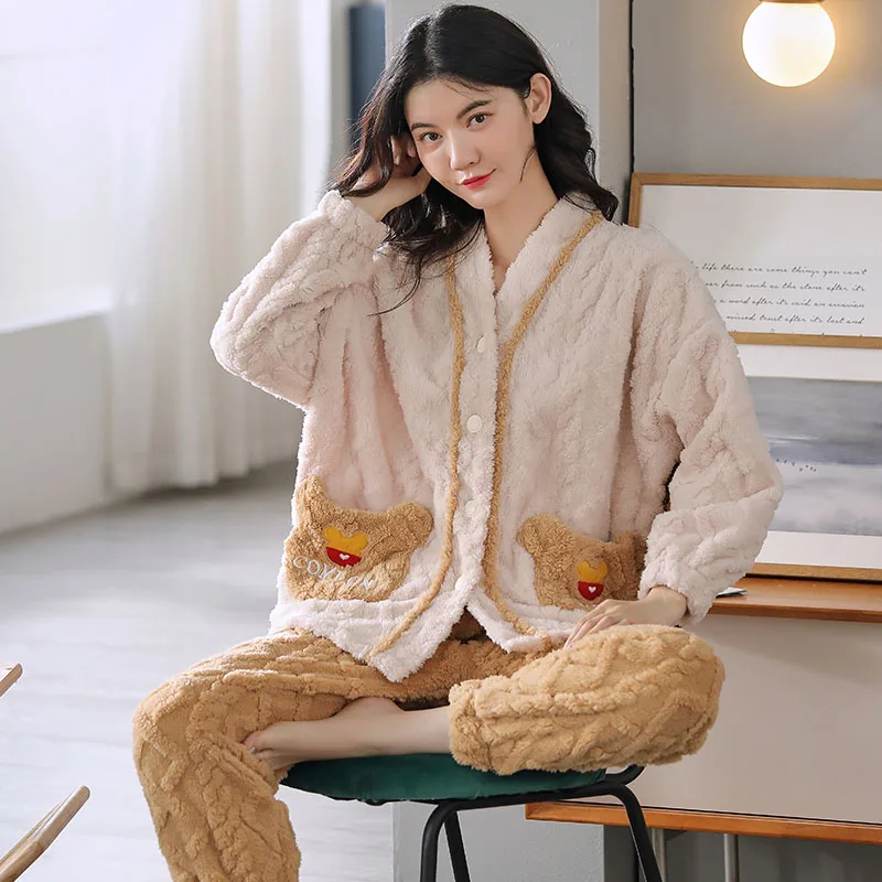 

Winter Thick Warm Women Flannel Pajamas Set Long Sleeve Turn-down Collar Cardigan XXL Female Nighty Homewear Clothing