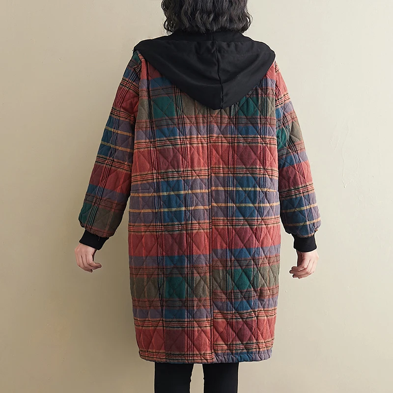 Nouveau hiver matelassé Plus coton veste femmes Streetwear chaud ample Vintage Plaid couture vêtements d'extérieur décontracté Long manteau à capuche femme