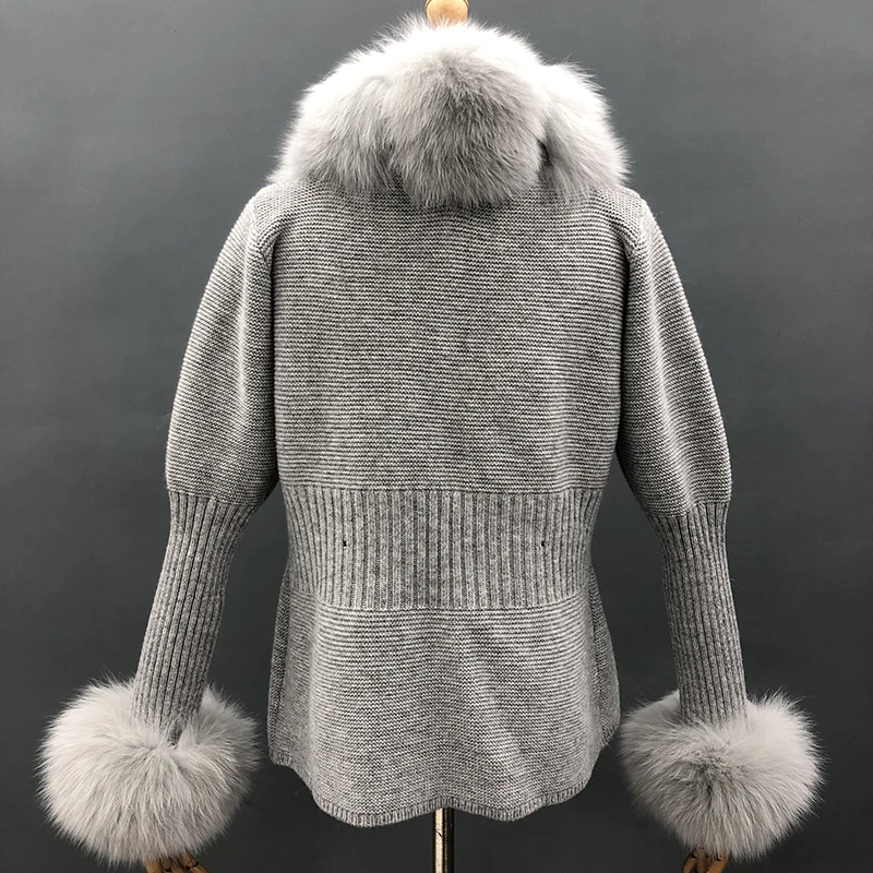 Winter Women Short Fashion Vintage Leg of Mutton Sleeve Belted Knitted Sweater Cardigan with Real Fox Fur Trim MJF-S-03