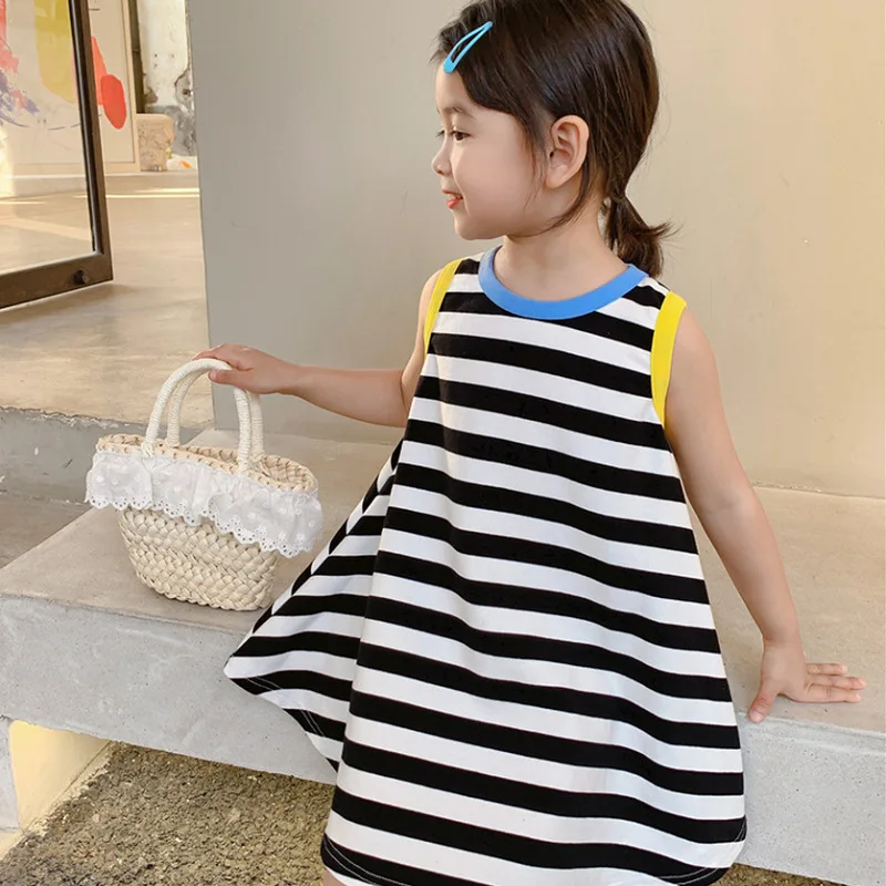 Summer Girls Dress 2021 New European American Style Simple Cool Loose Striped Vest T-Shirt Dresss Kids Children\'S Clothing