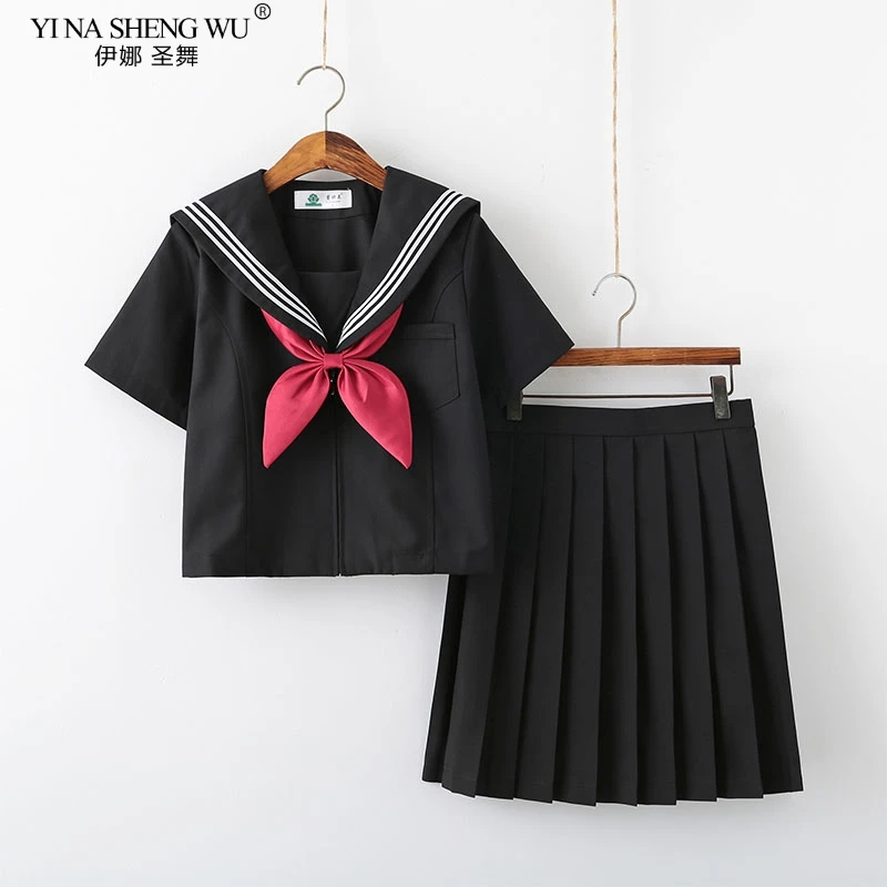 Black White JK Uniform Summer Short/long Sleeve Japanese School Uniforms Girls Sailor Sets Pleated Skirt JK Uniform COS Costume