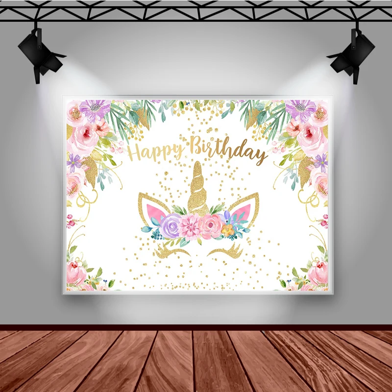 Mocsicka Birthday Party Photography Background Unicorn Flower Decoration Child Portrait Photo Backdrop Studio