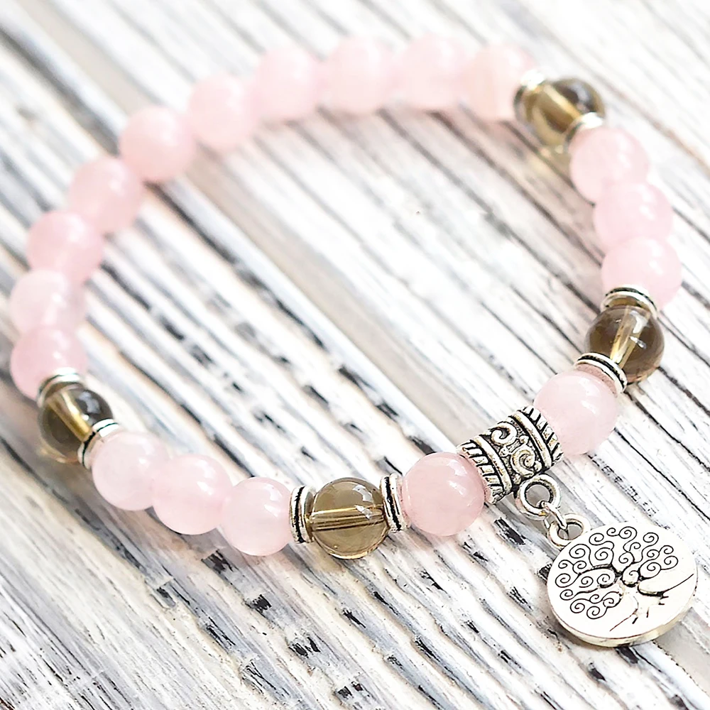 

Wholesale 8 mm Smoky Quartz Mala Beads Bracelet Tree of Life Yoga Bracelet Handmade Rose Quartz Bracelet for Women