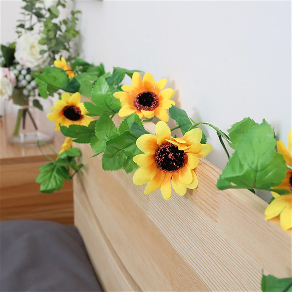 Guirnalda de luces de girasol artificiales, guirnalda de plantas de hoja verde para decoración de bodas, con batería, 2M, 20led