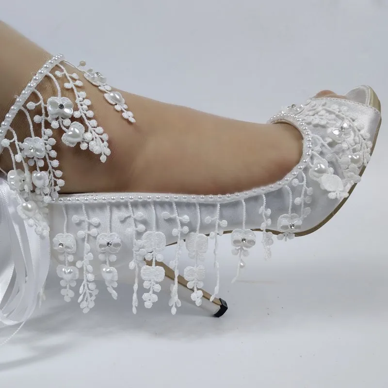 

BaoYaFang Beading Pearl wedding shoes Flower Ladies party shoes Peep Toe white lace shoes woman Open Toe High heel Pumps