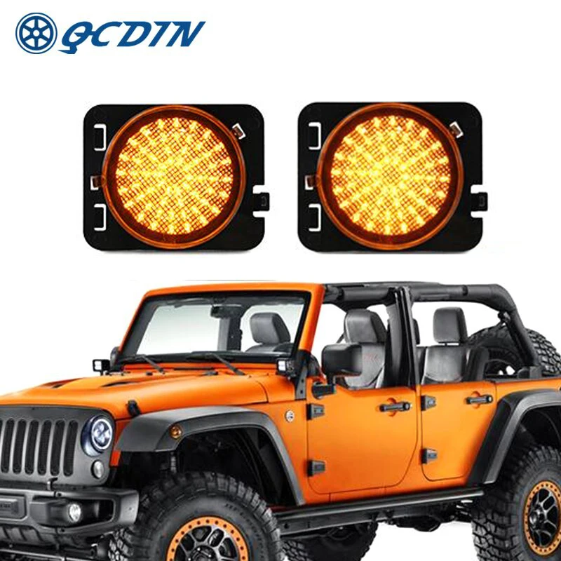 QCDIN For Jeep Wrangler JK 2007-2015 Amber LED Side Marker Light Turn Signal Light T10 Adapter Non-Polarity Signal Light