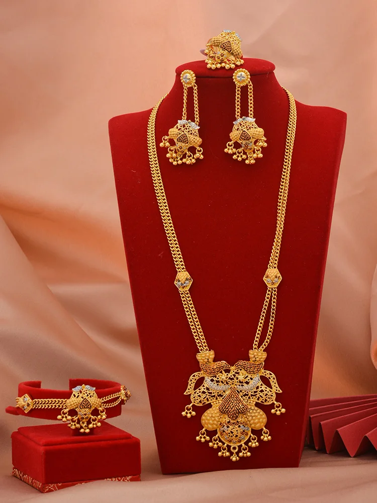 

24K Dubai Jewelry sets Gold Color luxury African Wedding bridal bracelet necklace earrings ring tassel jewellery set for women