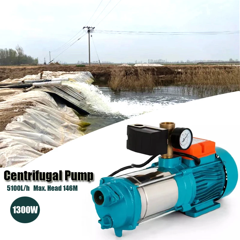 1300W House Water Booster Pump Stainless Steel Centrifugal Pump 5100 L/h Self-priming 5.1 Bar With Pressure Gauge 220V