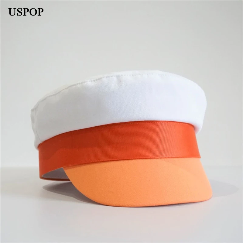 USPOP Women Patchwork Color Bloking Flat Visor Cap Militray Caps Spring Summer Stain Ribbon Cotton Caps  S M L