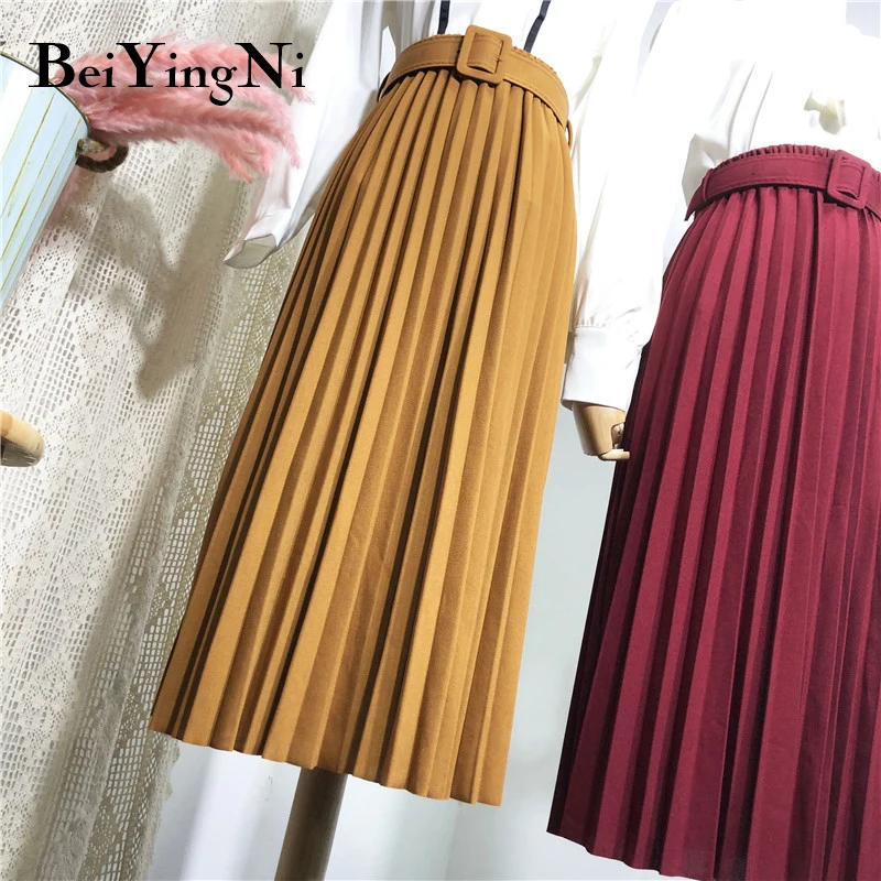 Beiyingni gonna donna a vita alta Casual Vintage Solid Belted gonne Midi pieghettate Lady 11 colori moda semplice Saia Mujer Faldas