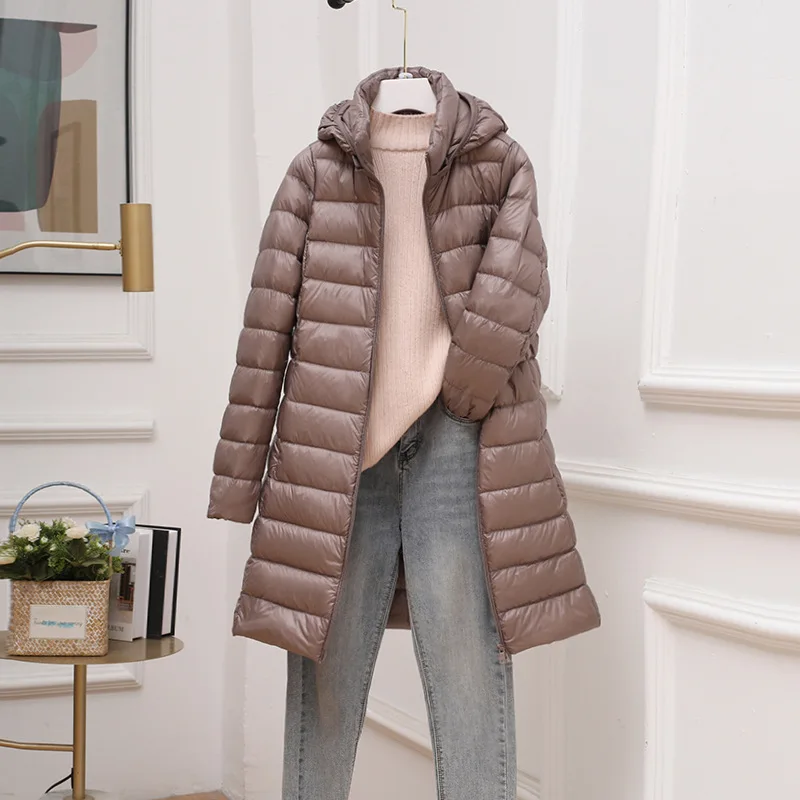 Casaco de inverno com capuz destacável para mulheres, jaqueta ultraleve Puffer Down, casaco de penas longas, portátil, feminino, 0-10 ℃, 2024