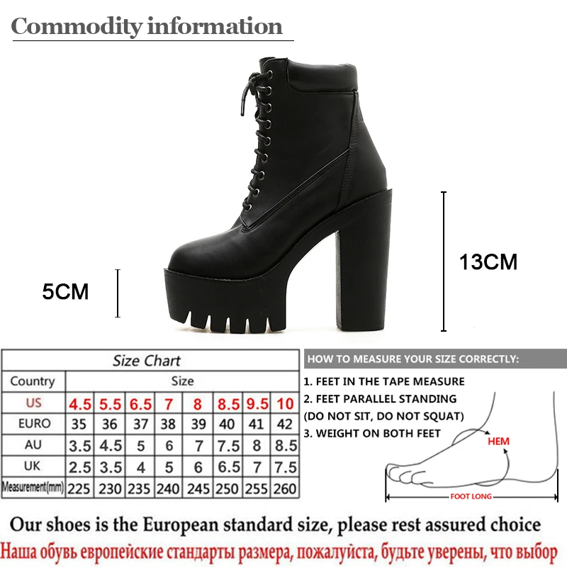 Gdgydh Women Chunky Ankle Boots Leather Round Toe Platform Knight Boots Shoes High Heels Black White Thick Heel Lace Up