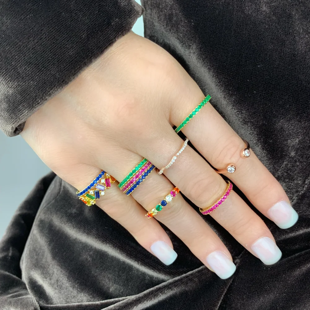 

100% 925 Sterling Silver Colorful CZ Eternity Band Ring For Women Engagement Minimal Delicate Thin Rainbow CZ Stack finger rings