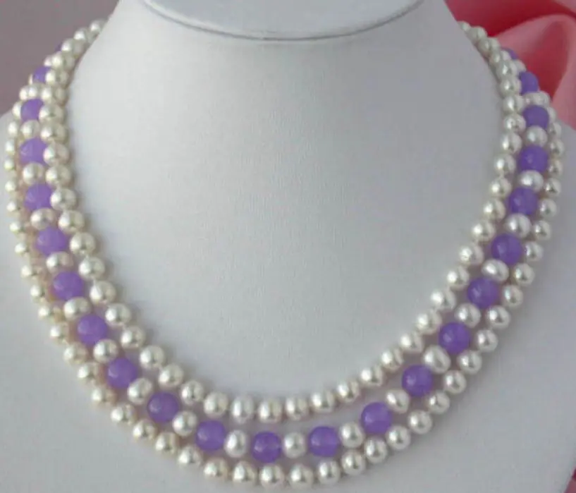 3 Rows 7-8mm Natural White Pearl & Alexandrite Gems Round Beads Necklace 17-19