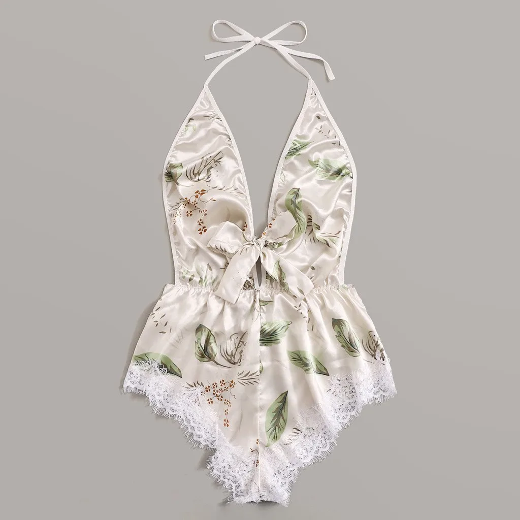 Robe de nuit en soie pour femme, Lingerie imprimée en dentelle, avec nœud papillon, dos nu, pyjama, combinaison en soie, sous-vêtements