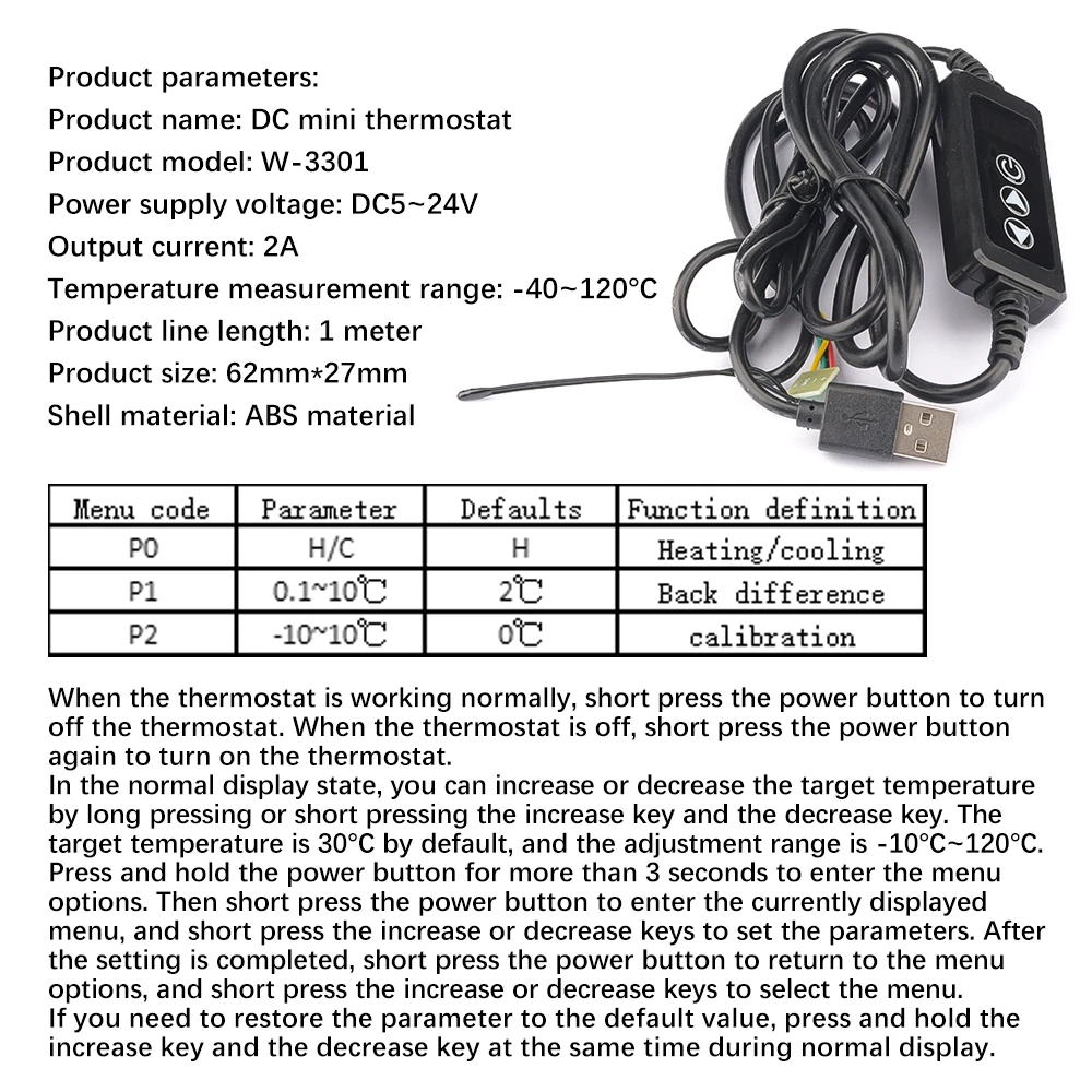 W-3301 DC 5-24V 2A Mini USB Temperature Controller LED Digital Thermostat Thermometer New Thermoregulator -40~120°C