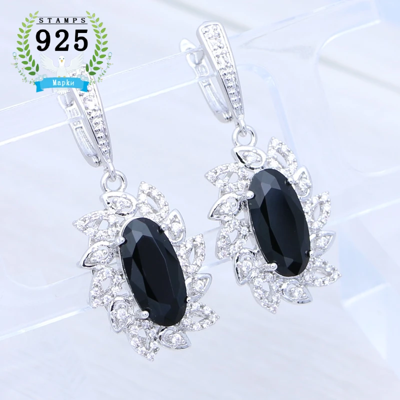 925 Sterling Silver Earrings Oval Black Spinel Stone Crystal Flower Earrings Punk Earrings for Girls Party Accessories