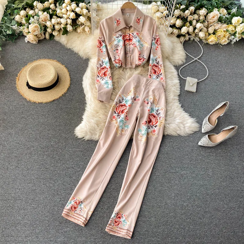 

High Quality Designer Retro Pattern Printed Shirt Pants Two piece set Women Elegant Office Ladies Casual Trousers Set