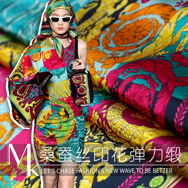 

Brand Design Elastic Spandex Charmeuse Real 97% Silk Fabric Dress 138*140 Wide 19mm 3D Print Cloth Diy Sewing Wholesale Retail