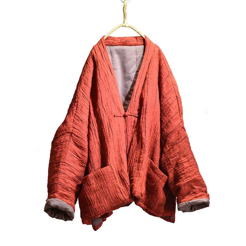 Chinese Style Kimono Parkas Women Winter Padded Cotton Linen Coat Vintage Button Pockets Stand Collar Thick Baggy Warm Parkas