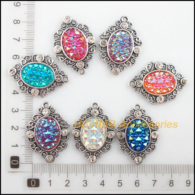 7 New Flower Charms Tibetan Silver Tone Retro Mixed Oval Resin Pendants 25x35mm