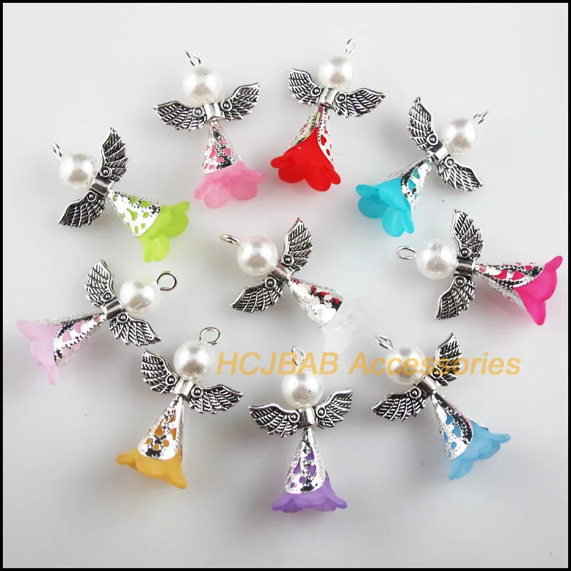 10 New Lovely Angel Charms Mixed Acrylic Tibetan Silver Wings Pendants 21.5x29mm