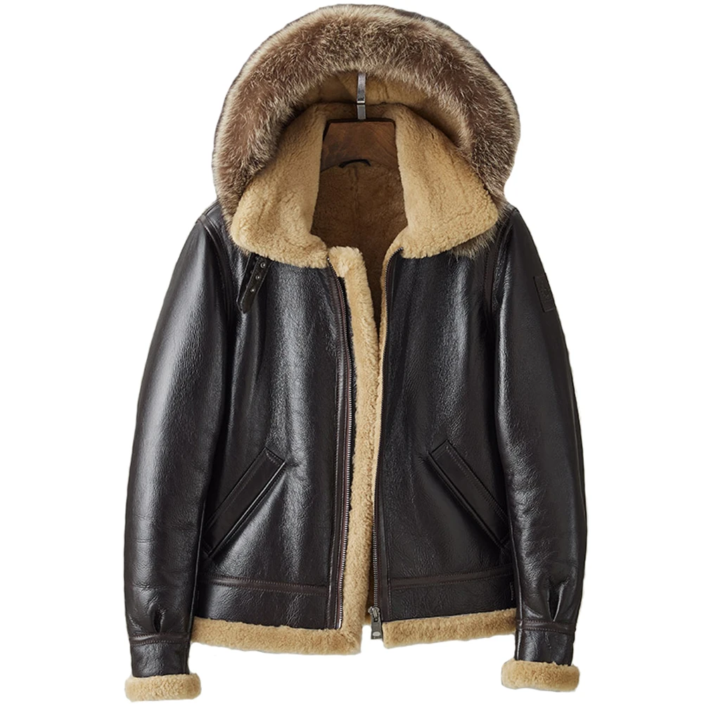 Denny&Dora Shearling Jacket Men Detachable Hooded B3 Bomber Jacket Men Shearling Fur Coat Dark Brown