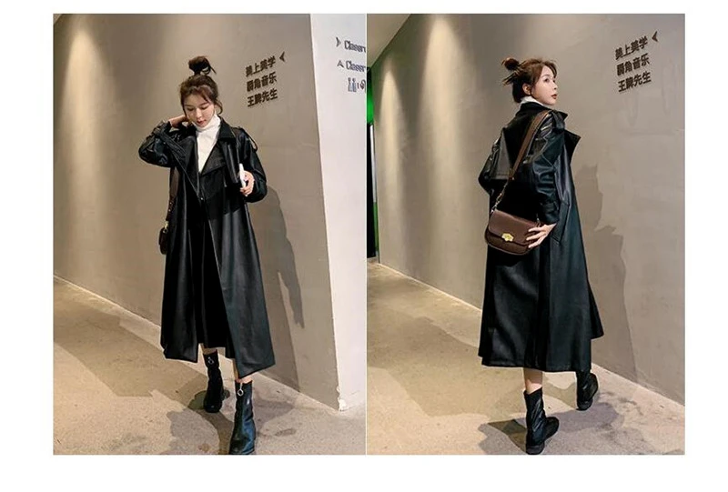 Nerazzurri Spring Black Oversized Long Waterproof Leather Trench Coat for Women 2021 Long Sleeve Loose Korean Fashion Clothing