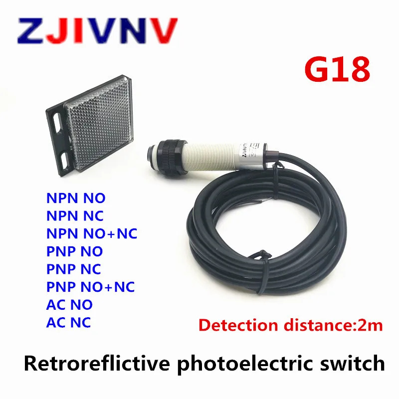 ZJIVNV M18 NPN/PNP/AC Retroreflictive Photoelectric Switch Infrared Obstacle Avoidance Sensor with Mirror Reflector Distance 2m