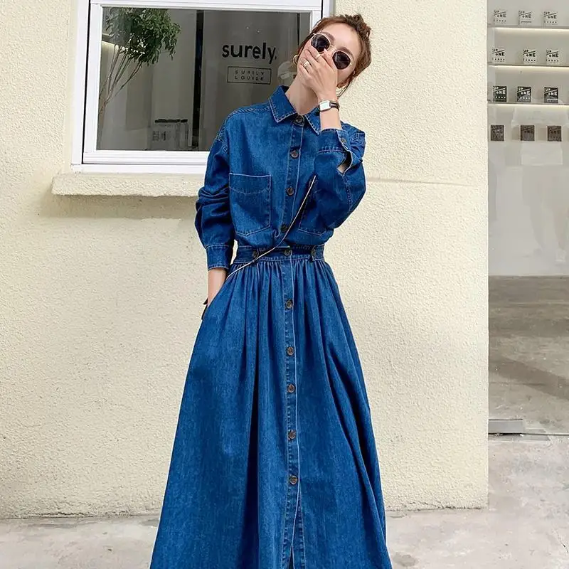 Lò Xo Dài Đầm Denim Nữ 2021 Thời Trang Mùa Thu Tay Dài Cổ Gập Slim Đầm Nữ Ngực Đơn Quần Áo Thông Thường