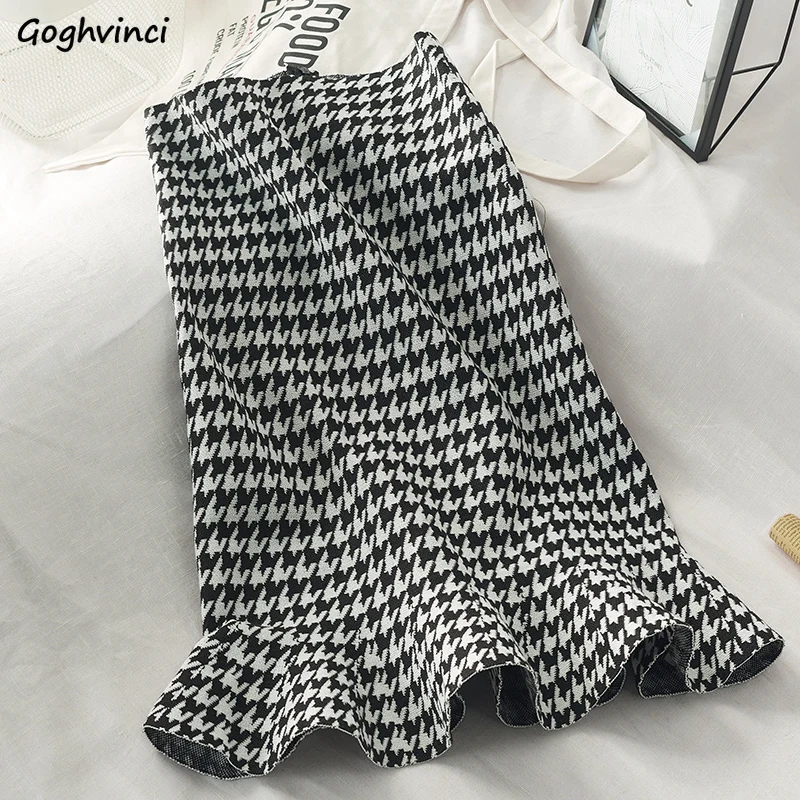 Skirts Women Trumpet Knee-length Hounds-tooth Empire Elegant Womens Knitted Sexy Ladies Bodycon Stretchy Leisure Trendy Chic Ins