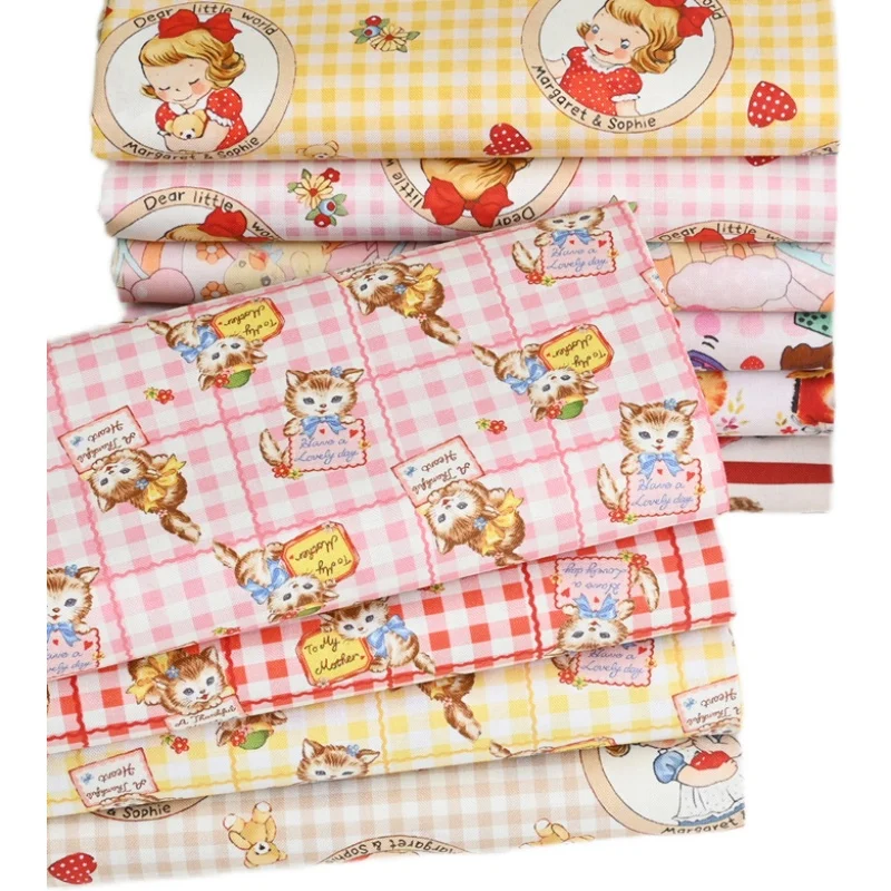 Cotton Sewing Fabric By The Yard,Sew Dress Children Clothes Fabrics Printed Cartoon Cats Girls,DIY Quilting Needlework Material