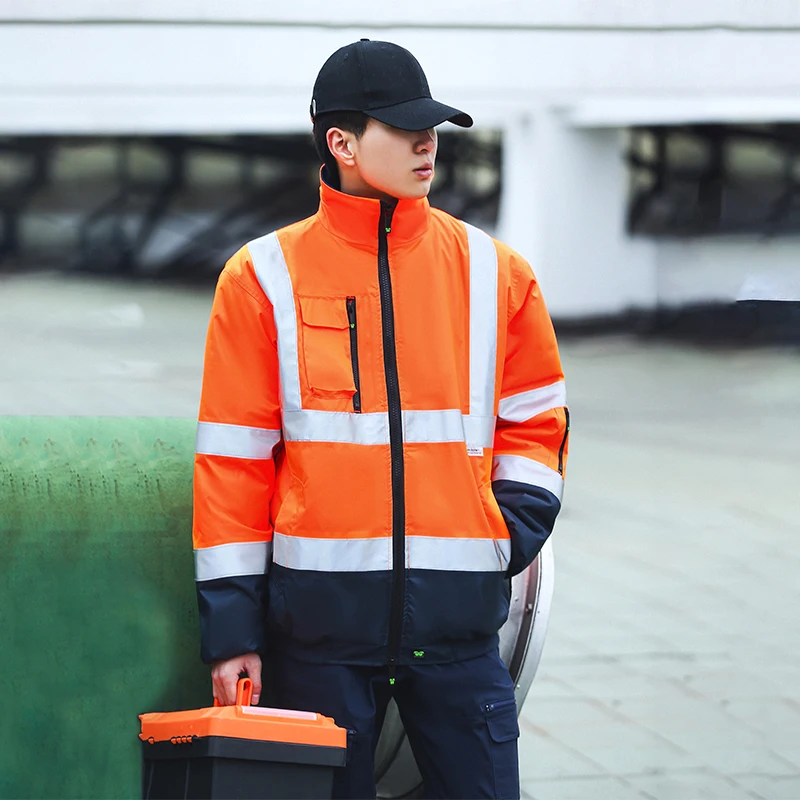 Men\'s Two Tone Orange Navy Safety Jacket Reflective 3M Tape Waterproof High Visibility Pilot Jacket Reflective Workwear