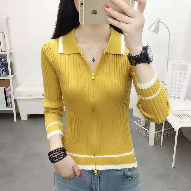 Spring Autumn Cardigan For Women Korean Fashion Turn-Down Collar Long Sleeve Sweater Oversize Zippers Top Female Soft Knitwear