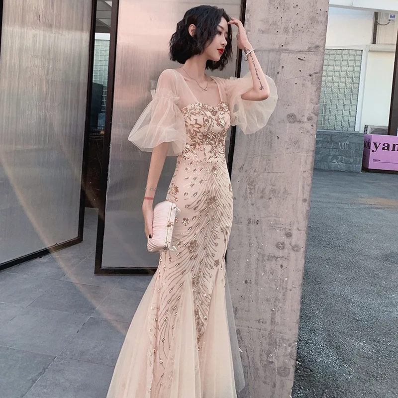 

2020 New Fashion Women Evening Dress Illusion O-neck Mermaid Prom Dresses Sequins Floor Length Banquet Party Dress