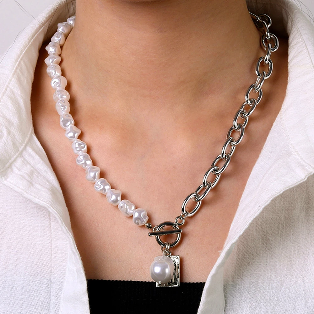 IPARAM خمر الباروك غير النظامية اللؤلؤ قفل قلادة سلاسل 2021 هندسية Aangel قلادة الحب القلائد للنساء مجوهرات بسيطة #6