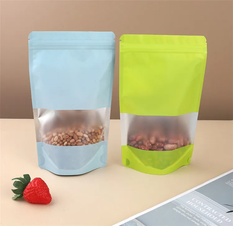 100pcs Stand Up Aluminum Foil Window Ziplock Packaging Bag Resealable Xmas Snack Candy Sugar Tea Beaf Dates Nuts Storage Pouches