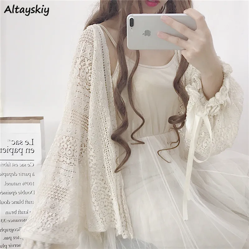 Women Cardigan Loose Lace Hollow Out Long Lantern Sleeve Summer Casual Sun-proof Outwear Girls Sweet Kawaii Korean Style Ulzzang