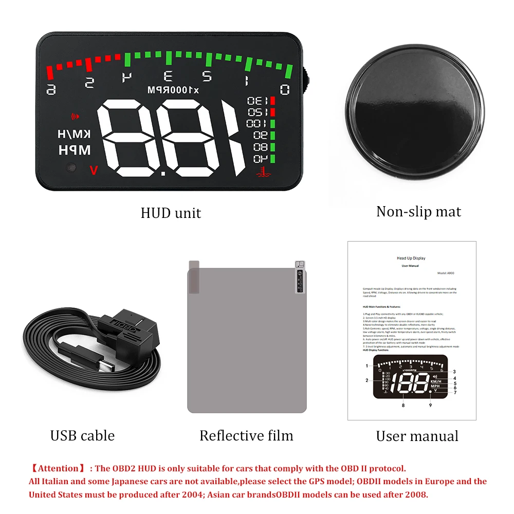 

Automobile On-board Head Up Dispay OBD2 Car HUD Windscreen Projector Digital Rotating Speed RPM Speed Voltage with Safety Alarm