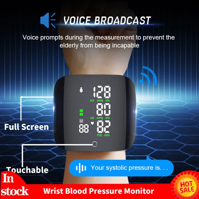 Smart Touch LCD Screen Chargeable Voice Wrist Blood Pressure Monitor Digital Automatic BP Tonometer Heart Rate Sphygmomanometer