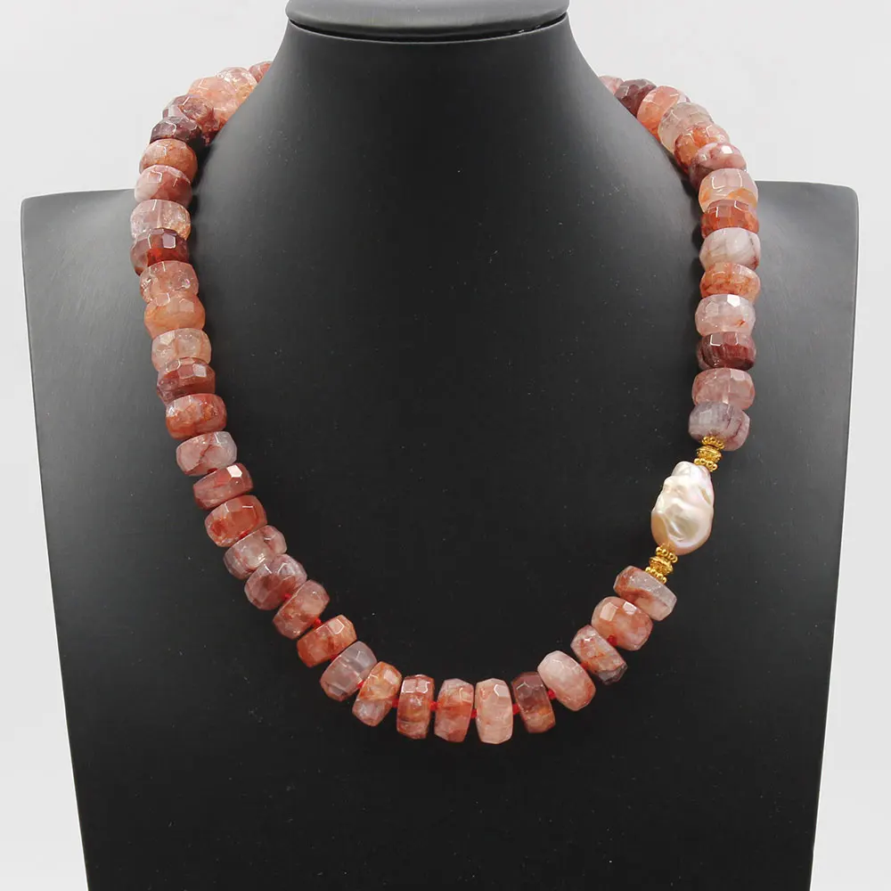 

GuaiGuai Jewelry Natural Lepidocrocite Quartz Faceted Rondelle Pink Keshi Pearl Necklace