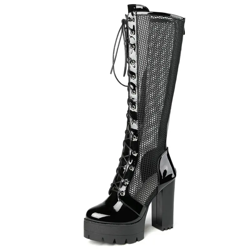 2021 PU Leather Women Knee High Heel Boots Platform Square High Heel Women Summer Boots Fashion Mesh Women's Shoes Black White