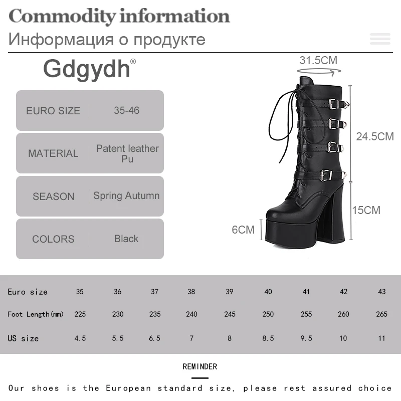 Gdgydh Lace Up Buckled Long Black Patent Boots With Chunky Heel Fashion Dance Boots Women High Quality Fall Platform Thick Sole